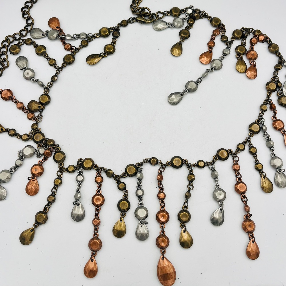 Boho Mixed Metal Tiered Chain Belt Hammered Copper Silver Brass Tones Adjustable